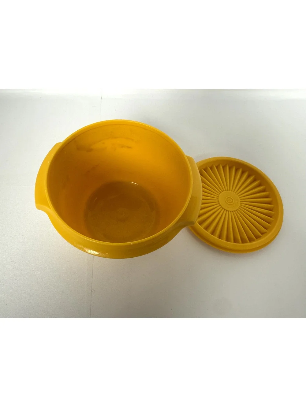 Vintage Tupperware Yellow Container with Unique Sunburst Lid